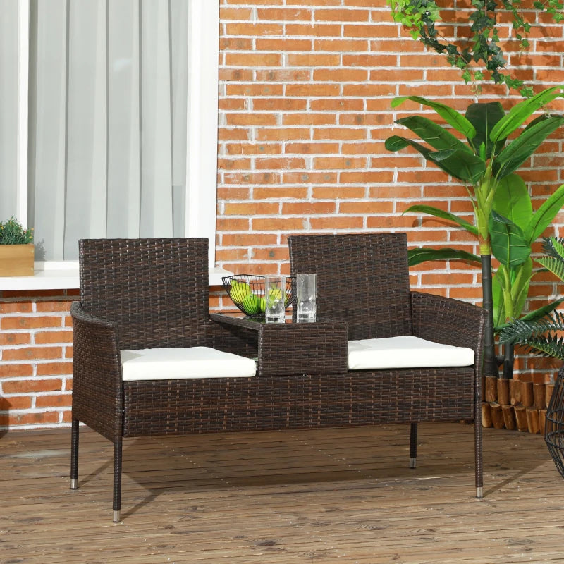 Brown Rattan Two-Seat Chair with Middle Table
