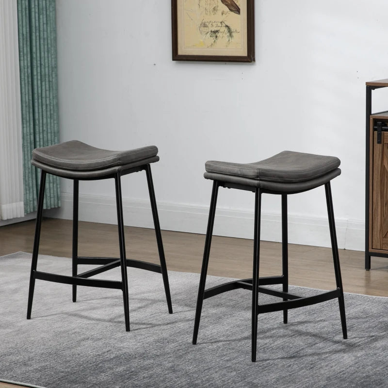 Set of 2 Grey Microfibre Upholstered Bar Stools - Industrial Curved Seat Design with Steel Frame for Kitchen & Dining Room