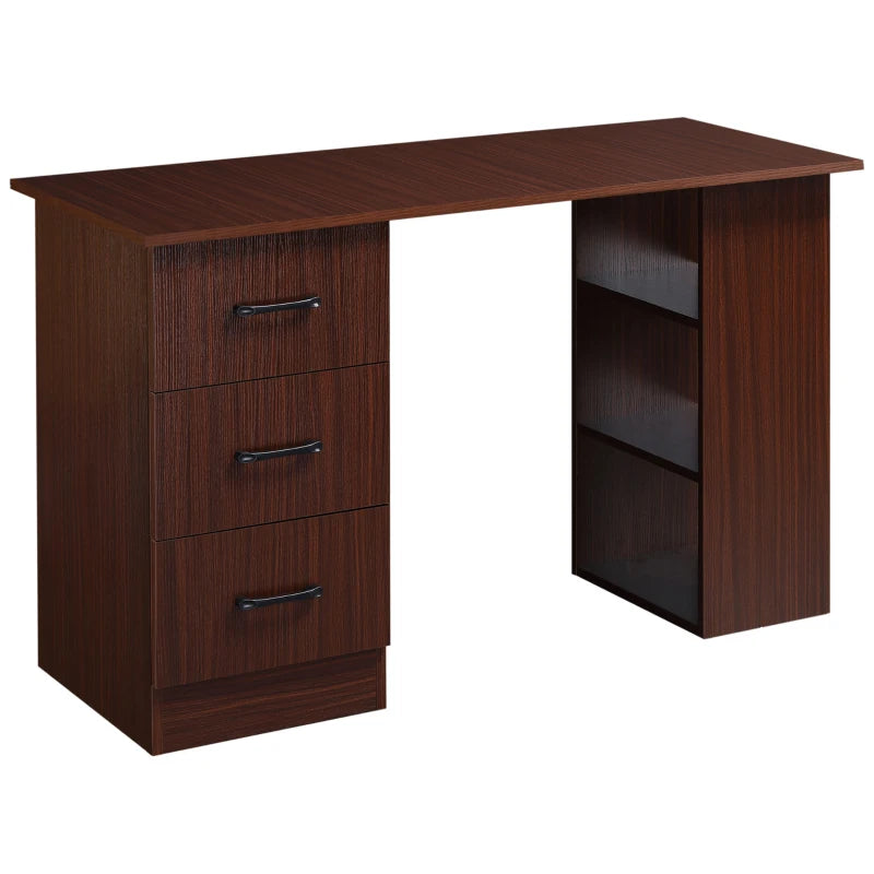 Walnut Brown Computer Desk with 3 Storage Shelves & Drawers - Stylish Writing Table for Home Office, Black Handle