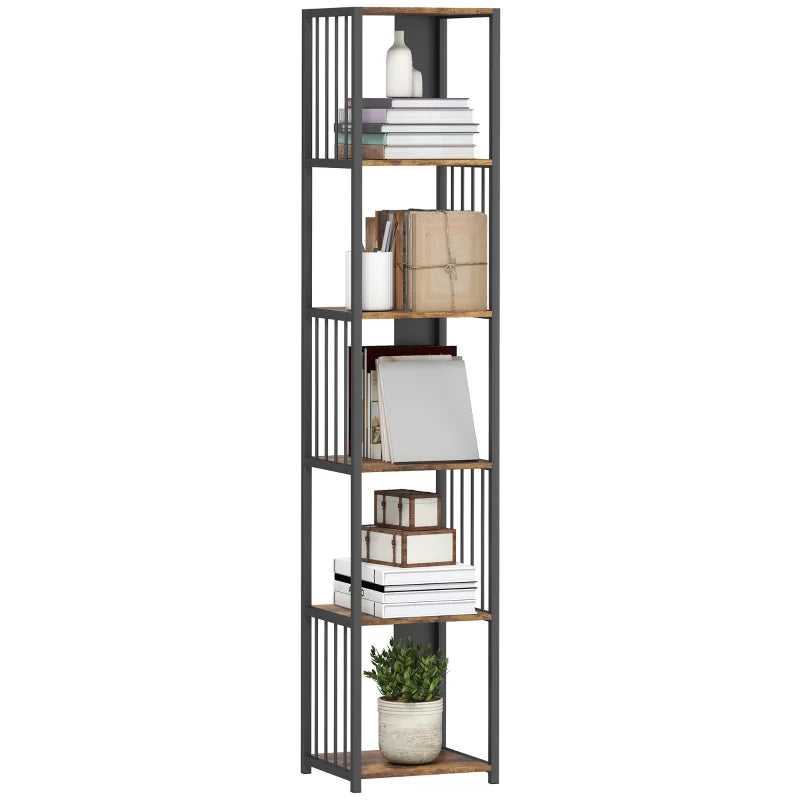 Rustic Brown 5-Tier Bookshelf with Steel Frame - Industrial Style Storage Shelf for Home or Office