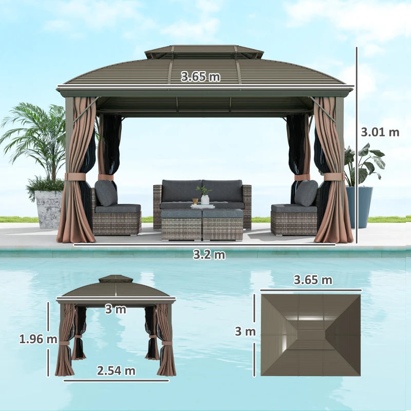 3.65m x 3m Hardtop Steel Gazebo Canopy - Aluminium Frame, Double Roof, Net Sidewalls & Curtains in Coffee