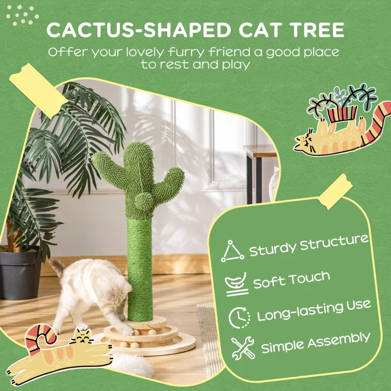 Cactus Cat Tree with Sisal Scratching Post & Hanging Ball - 60cm Indoor Play Tower for Kittens & Cats