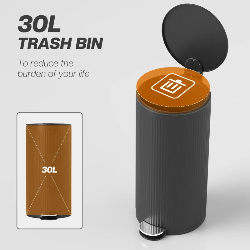 30L Black Pedal Kitchen Bin with Soft Close & Stay Open Lid, Removable Inner Bucket for Home & Office