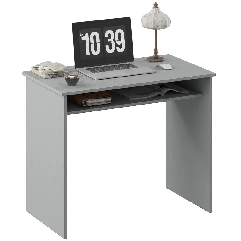 Modern Grey Computer Desk for Home Office - Small Writing Table with Storage Shelf, 90x50cm, Stylish & Functional