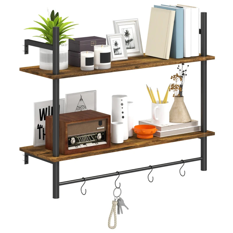 Rustic Wall Mounted Floating Shelves with 4 Hooks - Stylish Shelf Unit for Living Room & Entryway - Rustic Brown Finish