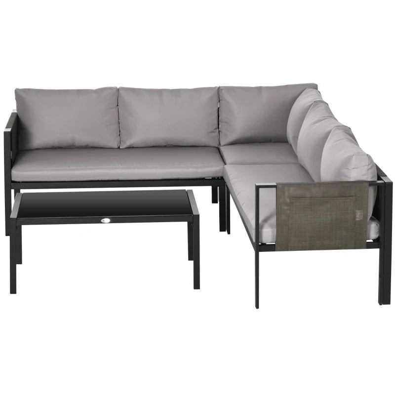Grey Metal-Framed Garden Corner Sofa With Breathable Mesh Side Pockets