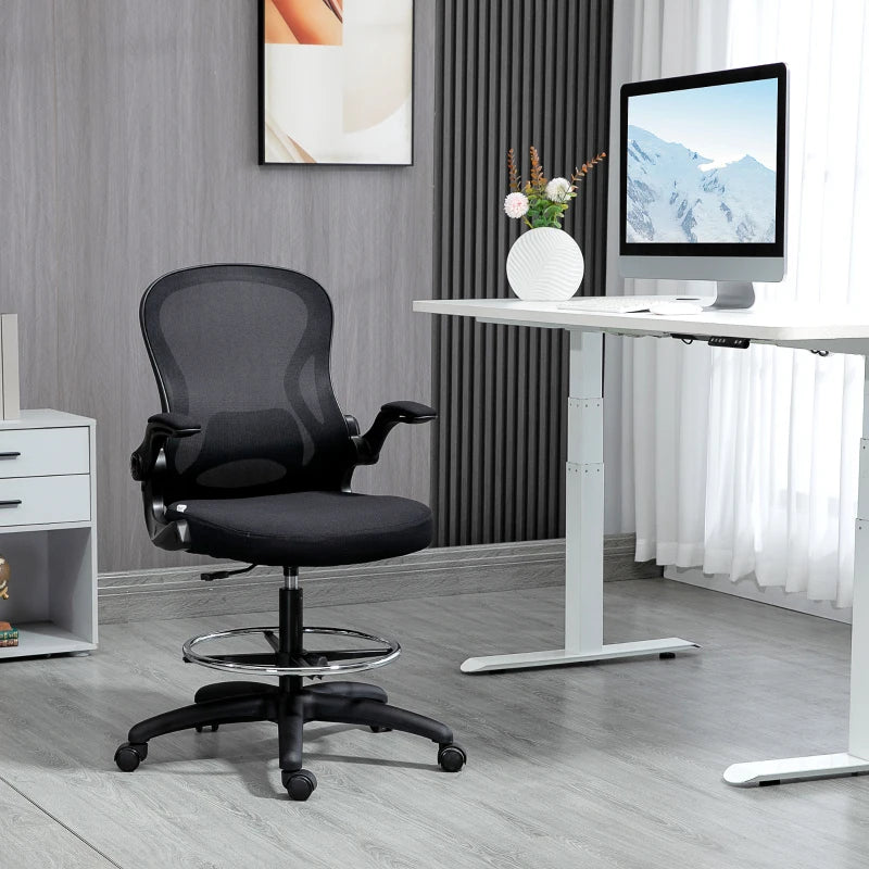 Vinsetto Adjustable Mesh Standing Desk Chair - Ergonomic with Flip-up Armrests, Lumbar Support & Adjustable Footrest - Black
