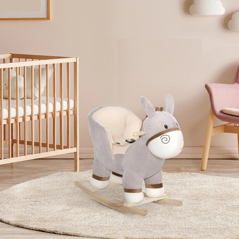 Kids Plush Rocking Horse with Sound | Safe Wooden Base Ride-On Donkey Toy for Toddlers 18-36 Months - Grey