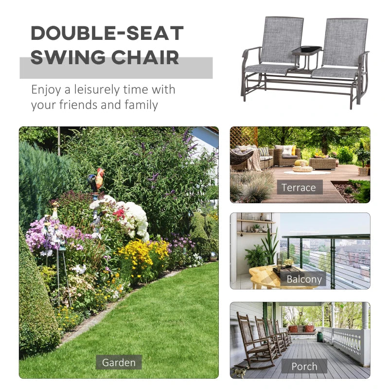 Metal Garden Glider Loveseat with Glass Table, 2 Seats, Brown/Grey