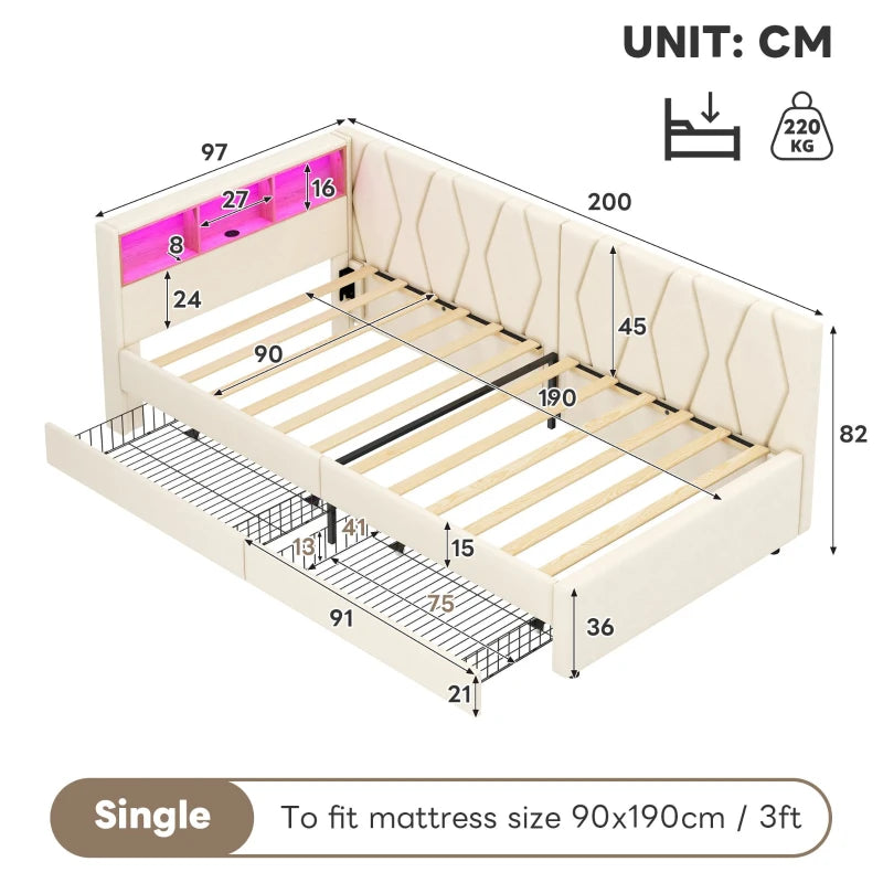 Compact Linen Daybed with Storage Drawers LED Headboard and Charging Station Beige Sofa Bed