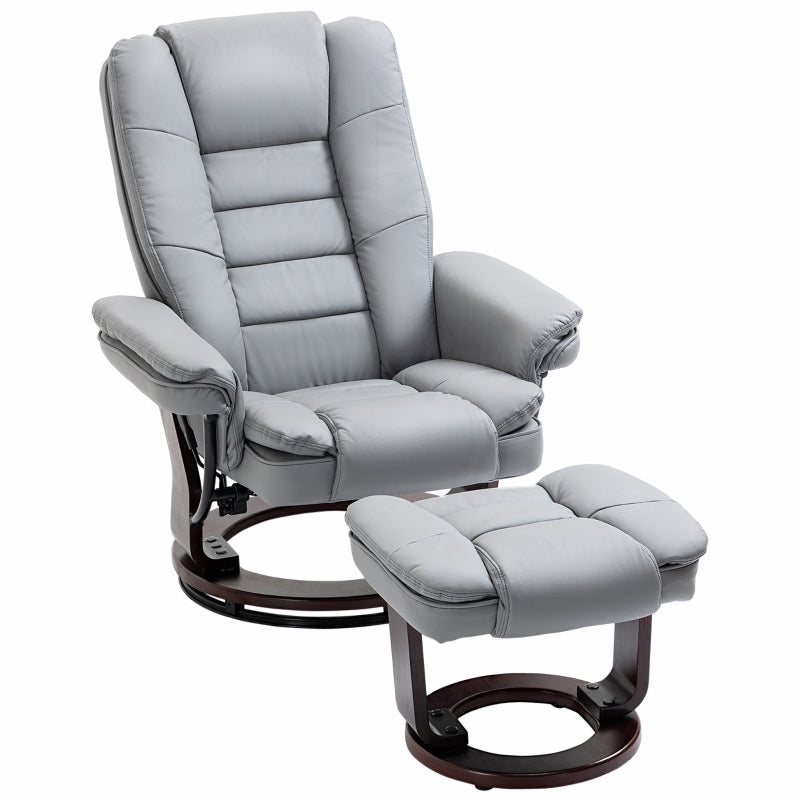 Ergonomic Recliner Chair with Footstool, 130kg Capacity, 135° Reclining Swivel Sofa for Living Room, Grey PU Leather
