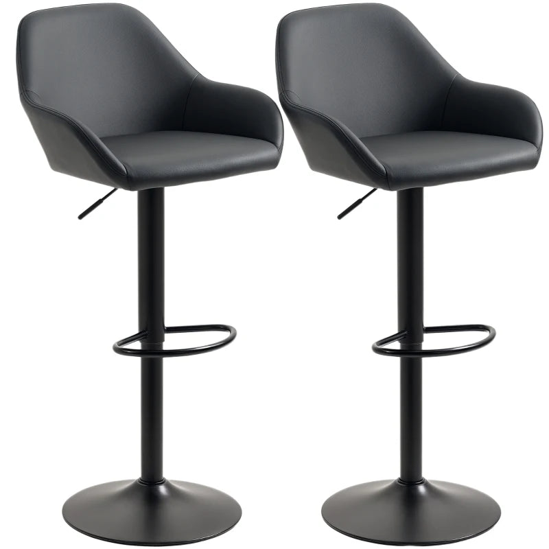 Set of 2 Adjustable Swivel Bar Stools with Backs & Armrests - PU Leather Kitchen Counter Chairs, Black