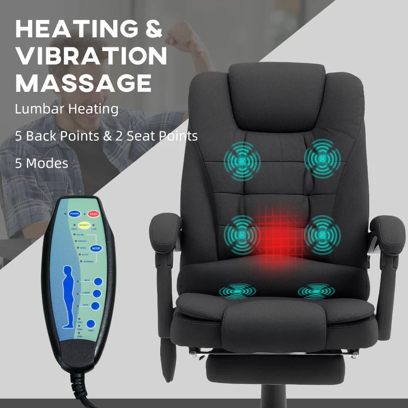 Vinsetto Black Office Chair with 6-Point Massage, Back Heat, Adjustable Footrest, Swivel Wheels & Reclining Feature