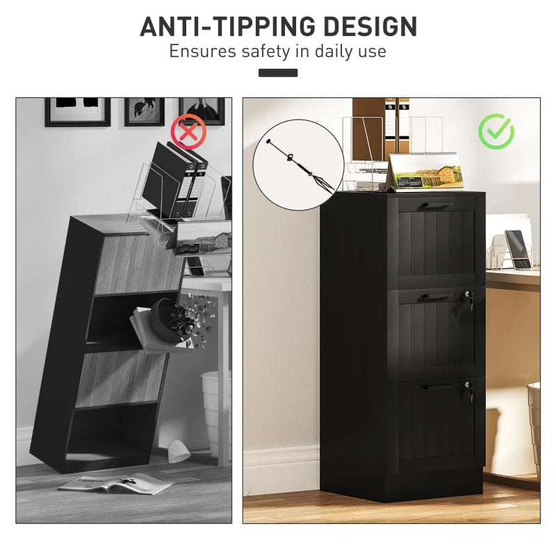 Secure 3 Drawer Filing Cabinet with Lock - Adjustable Hanging Bars for A4 Files - Stylish Black Office Storage Solution