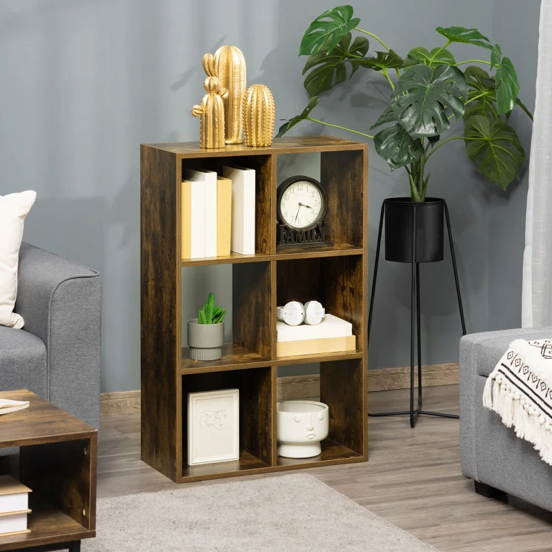 Industrial Style 6-Compartment Storage Shelf - Rustic Brown Freestanding Bookcase for Living Room & Home Study