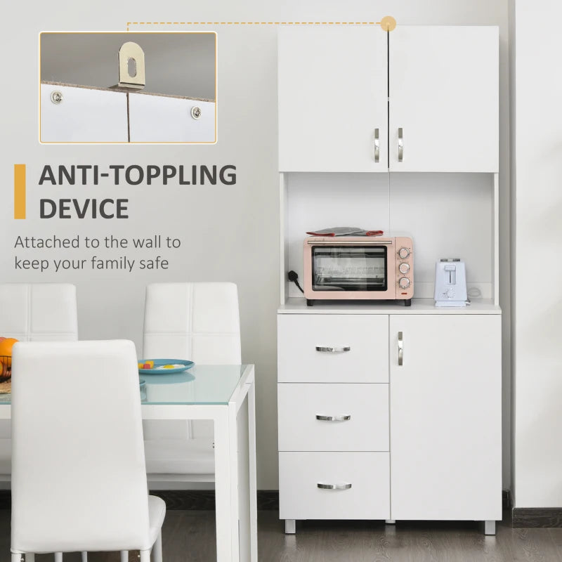 Free Standing Kitchen Cupboard - White Storage Cabinet with Doors, Shelves, 3 Drawers & Adjustable Height - Versatile Kitchen Organizer