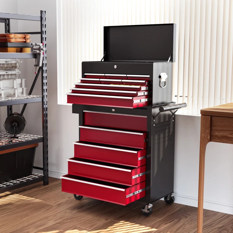 Large Tall Tool Storage Chest on Wheels -  14 Slide-Out Drawers - 2 Parts - Red & Black
