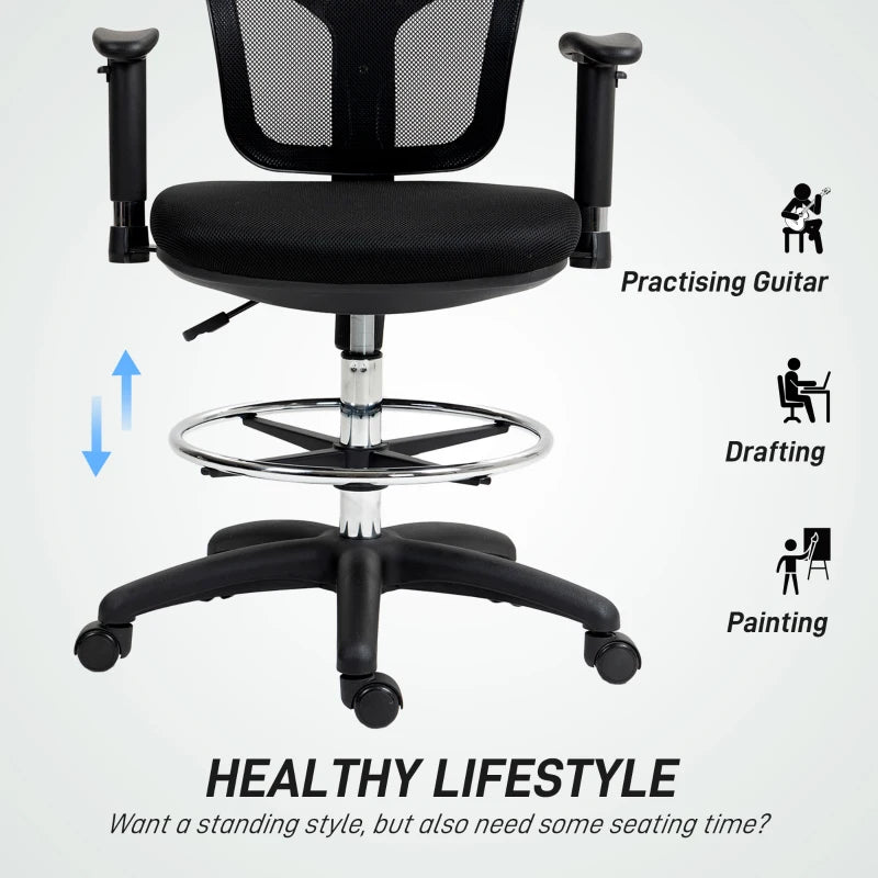 Ergonomic Drafting Chair with Adjustable Armrests & Lumbar Support - Mesh Office Chair for Standing Desks, Height & Footrest Adjustable, Black