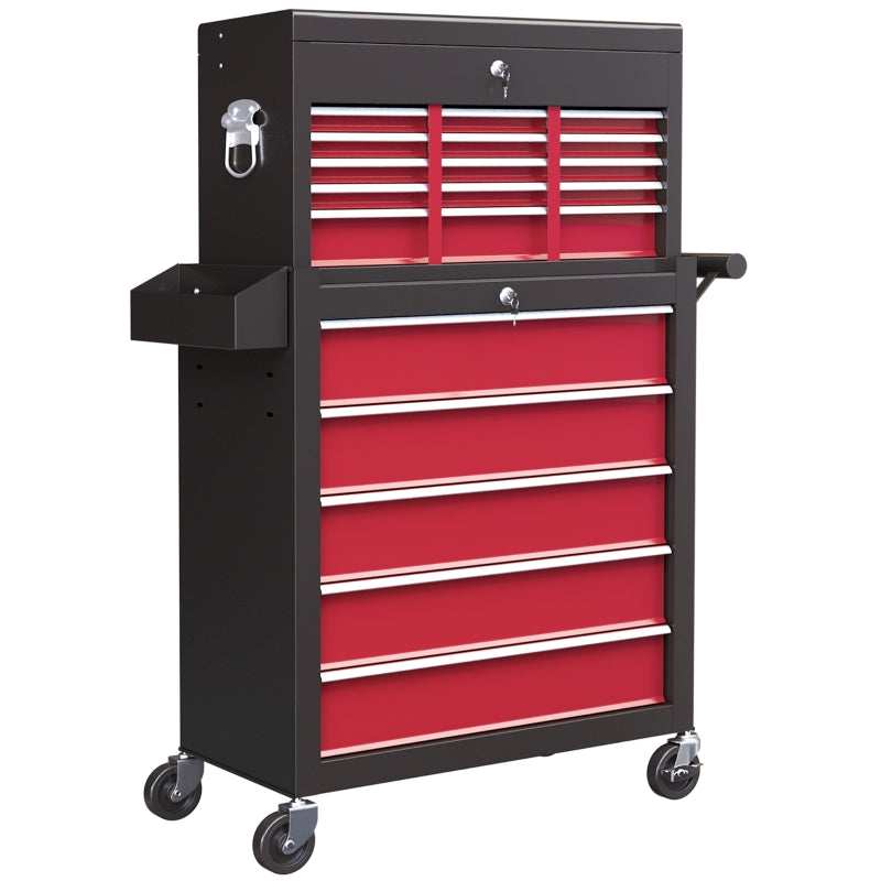 Large Tall Tool Storage Chest on Wheels -  14 Slide-Out Drawers - 2 Parts - Red & Black