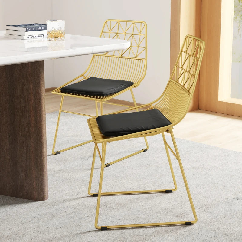 Luxurious Set of 4 Dining Chairs - Metal Wire Kitchen Chairs with Velvet Cushions, Cut-out Back & Gold Steel Frame
