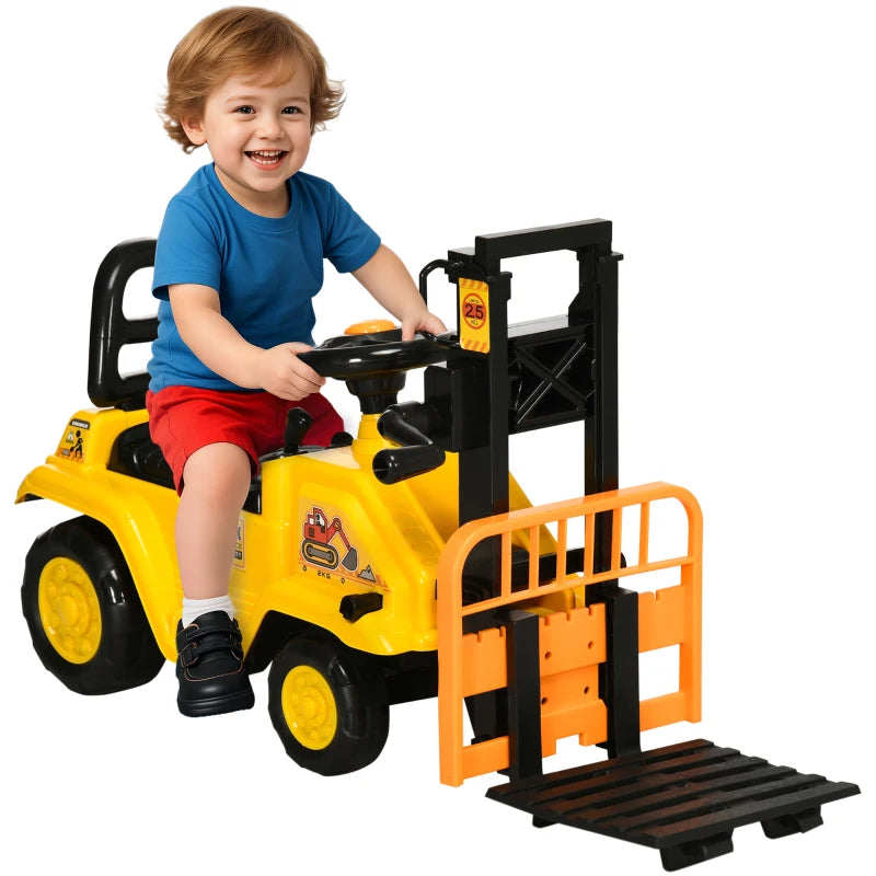 Kids Ride-On Construction Vehicle with Fork and Tray Sounds in Bright Yellow