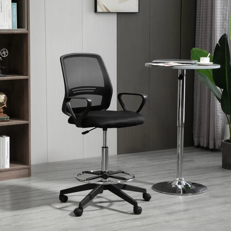 Vinsetto Ergonomic Drafting Chair - Adjustable Height, Mesh Back, Lumbar Support, Swivel Wheels, Ideal for Standing Desks - Black