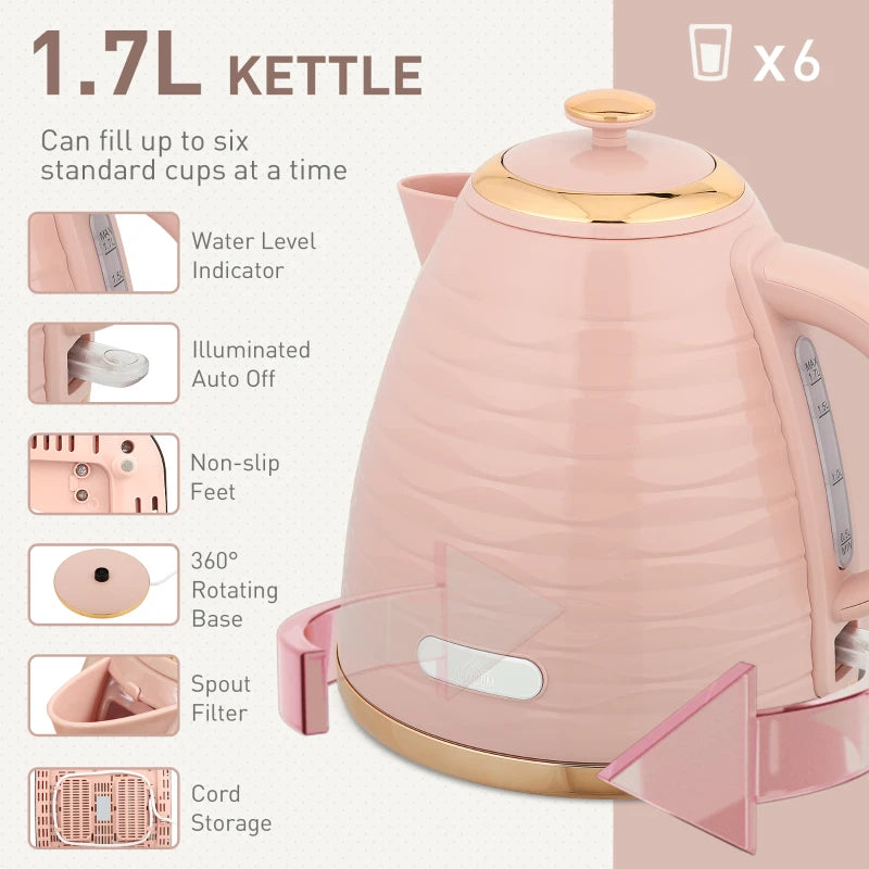 Light Pink 3000W Kettle & 4 Slice Toaster Set - 1.7L Capacity, 7 Browning Controls, Easy Clean Crumb Tray
