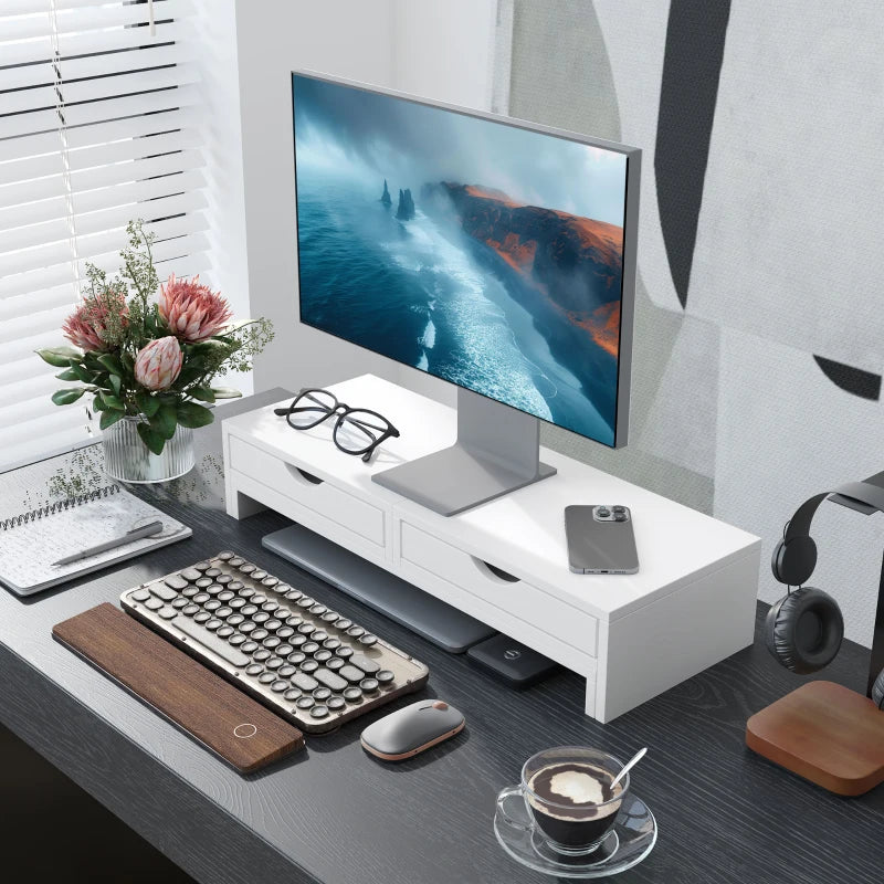 Dual Monitor Stand Riser with 2 Drawers - Adjustable Length & Angle, 116cm for Laptop, PC, Printer - White