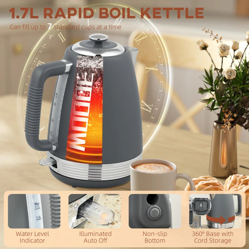 Stainless Steel Kettle & Toaster Set - 1.7L Rapid Boil Kettle with Strix Thermostat & 4-Slice Toaster, Grey/Silver