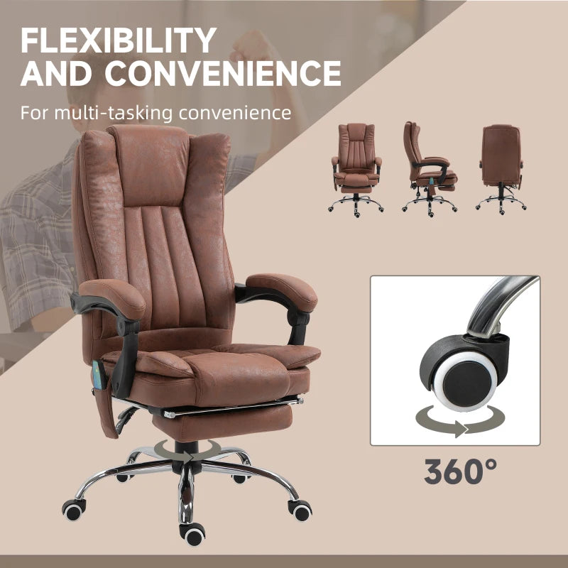 Vinsetto Brown Office Chair with Massage & Heat, Reclining Microfibre Desk Chair with Footrest, Adjustable Height & Swivel Wheels