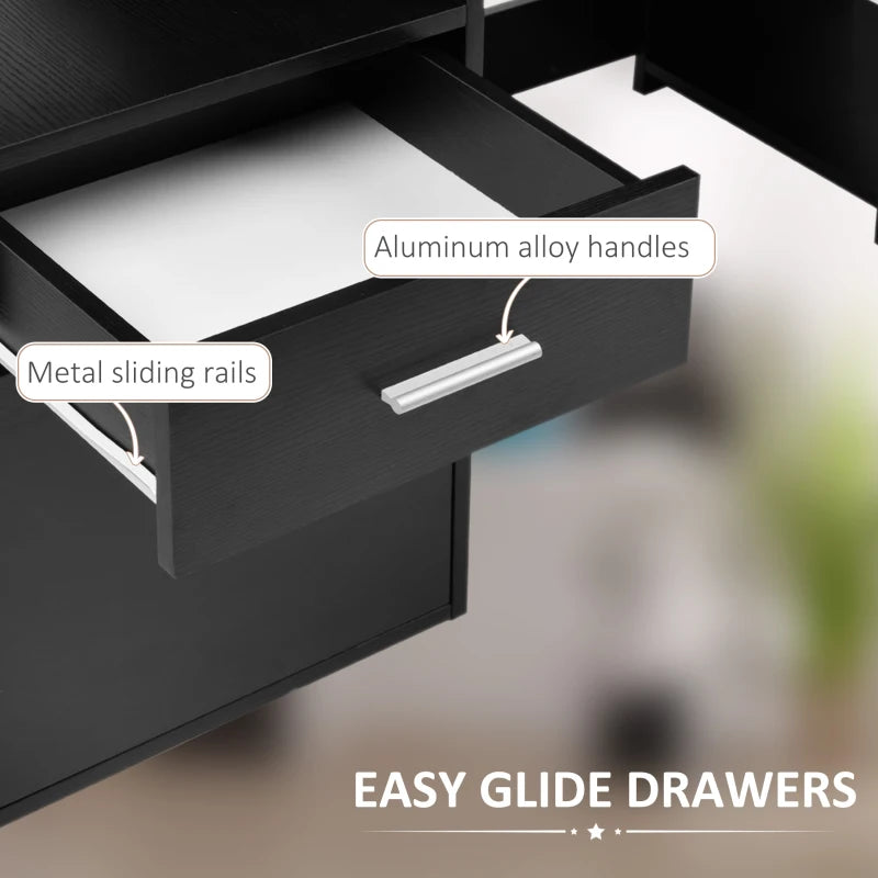 Large Black Computer Desk with Drawers & Storage Shelves - Office Writing Table & Printer Stand for Home Office, 137x55x92cm