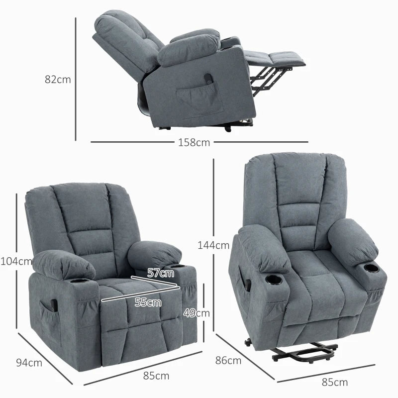 Oversized Riser Recliner Chair for Elderly - Fabric Lift Chair with Remote, Side Pockets, Cup Holder, Grey