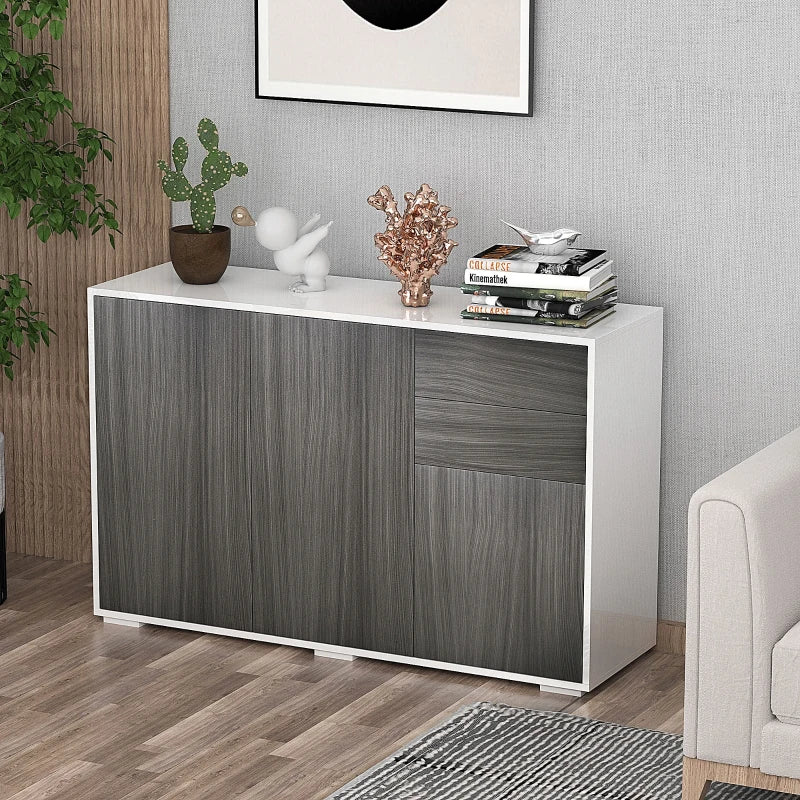 High Gloss Sideboard with 2 Drawers - Modern Push-Open Design Side Cabinet for Living Room & Bedroom in Light Grey & White