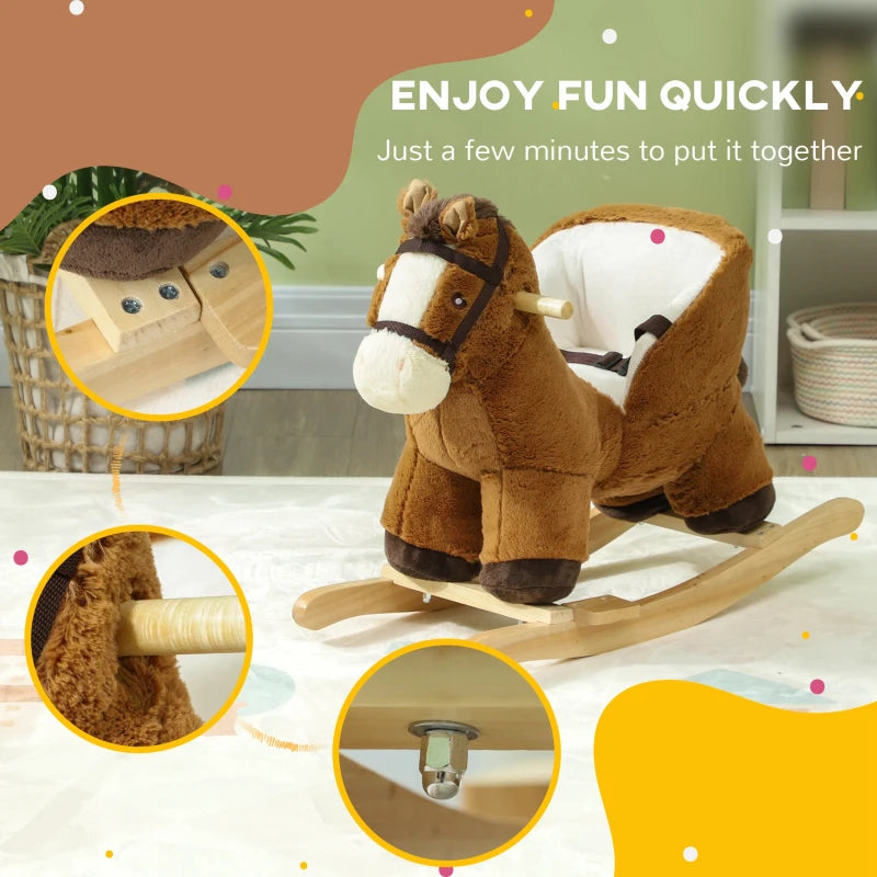 Plush Rocking Horse for Kids with Sound Wooden Base Ride On Toy for Ages 18 to 36 Months Brown