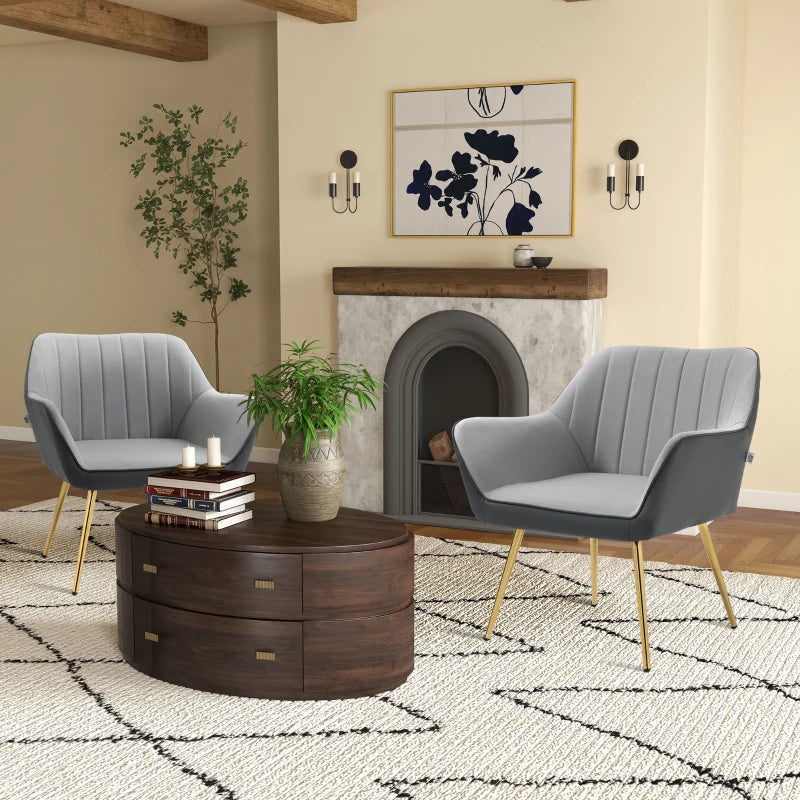 Set of 2 Velvet Accent Chairs with Gold Legs for Modern Living Room and Bedroom, Light Grey Upholstery