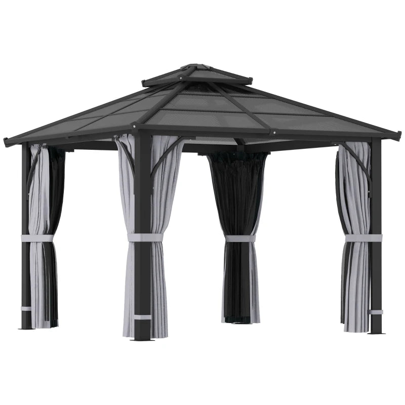 Dark Grey 3m x 3m Hardtop Gazebo - 7mm Double Polycarbonate Roof, Permanent Pavilion with Mosquito Netting and Curtains for Patio and Deck
