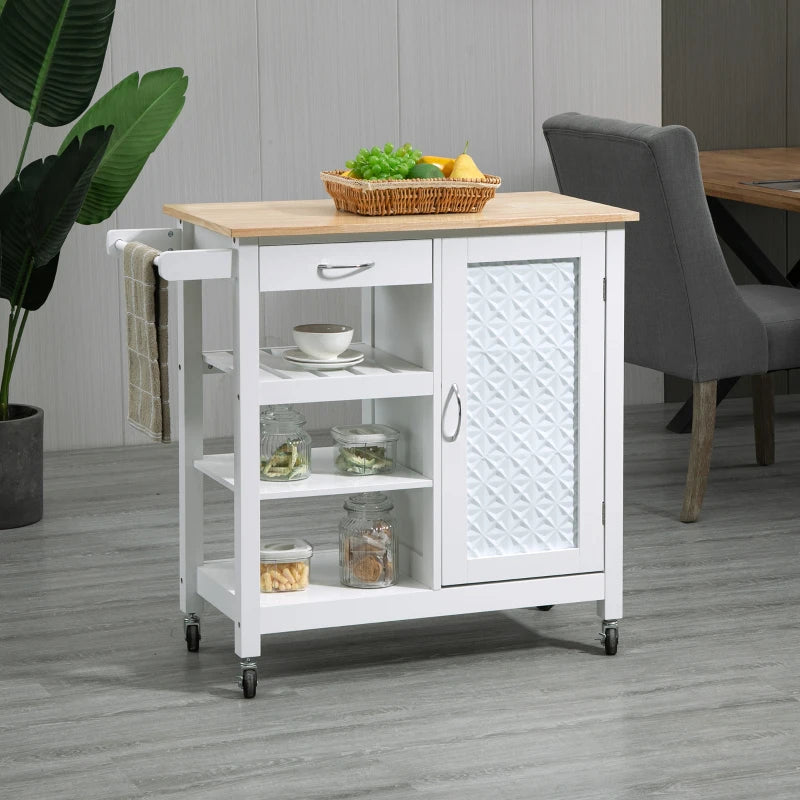 White Kitchen Trolley on Wheels - Utility Kitchen Island Cart with 3 Storage Shelves & Embossed Door Panel