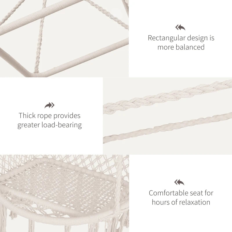 Beige Macrame Hanging Rope Chair with Tassels - Portable Garden Seat