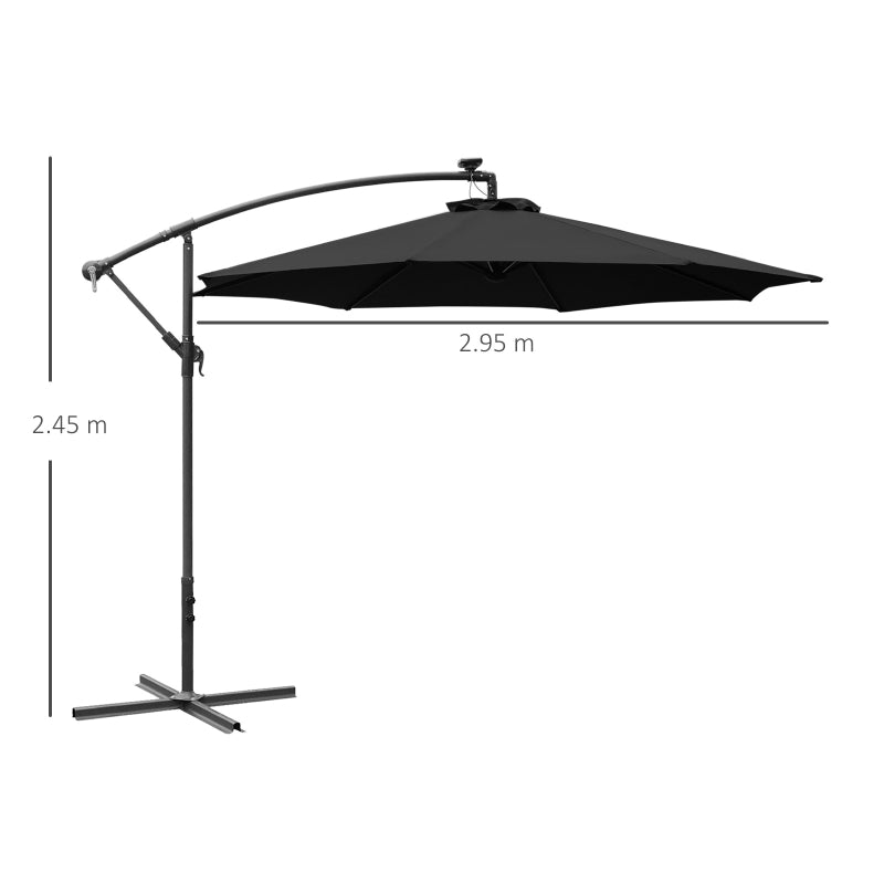 Black 3m LED Cantilever Patio Umbrella with Crank Cross Base