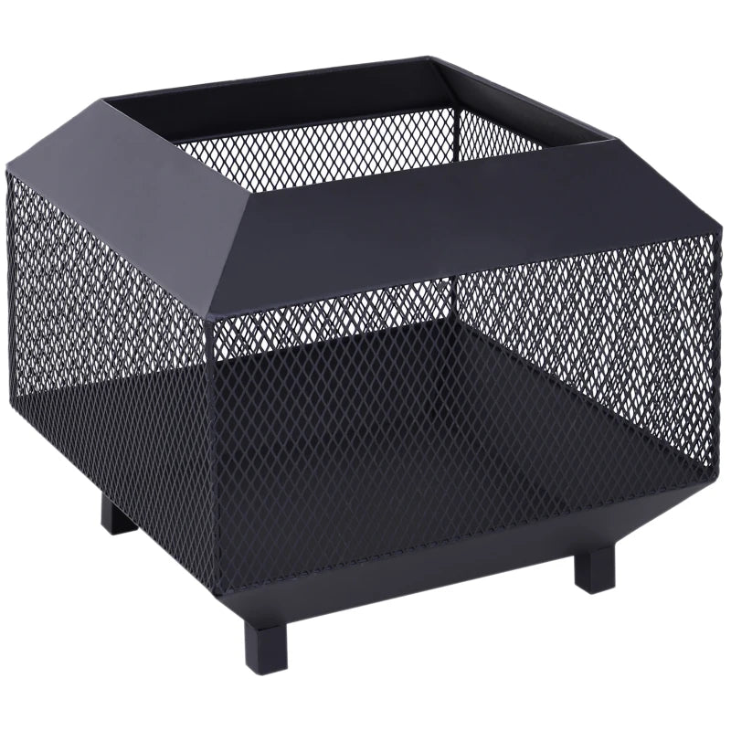 Metal Square Fire Pit with Lid & Poker - Outdoor Mesh Brazier for Backyard, Camping & Bonfire - 44x44x40cm, Black