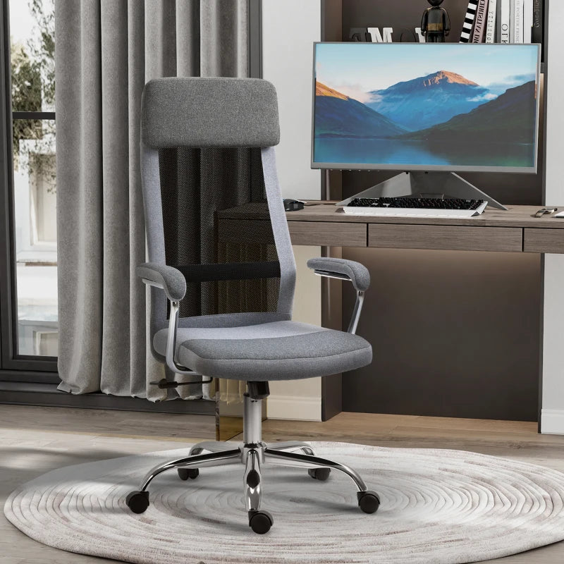 Vinsetto Ergonomic Office Chair - High Back Desk Chair with Adjustable Height, Swivel Wheels, Mesh Back & Linen-Feel Seat, Grey