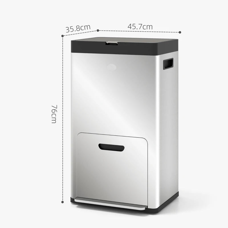 56L Triple Compartment Stainless Steel Kitchen Bin with Deodoriser Holders & Wheels - Stylish Silver Tone Waste Solution