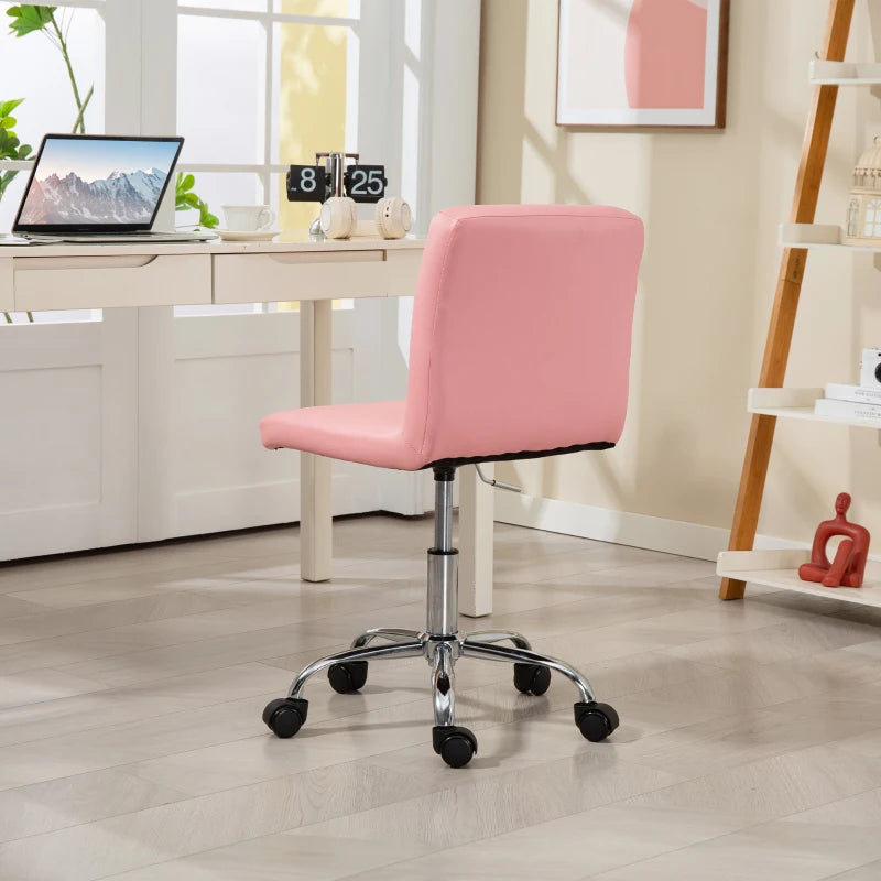Pink PU Leather Armless Office Chair - Modern Swivel Computer Chair with Rolling Wheels & Adjustable Height for Home & Study