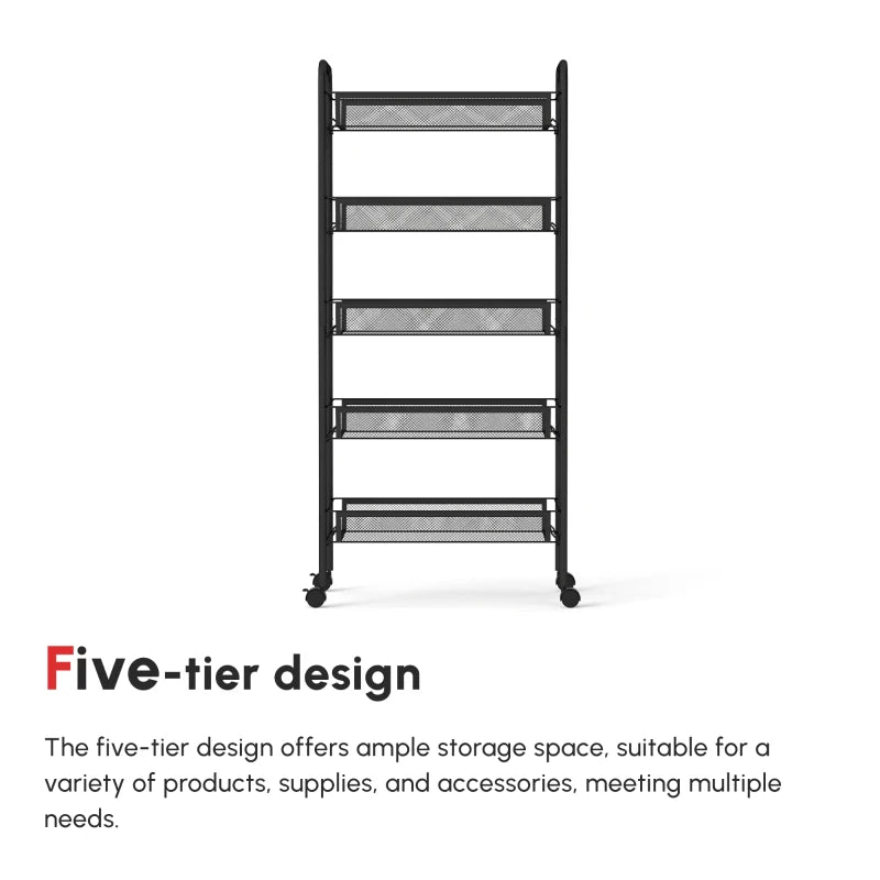 Five-Steel Mesh Storage Trolley with Wheels - Black Basket Organizer for Home, Office, and Kitchen