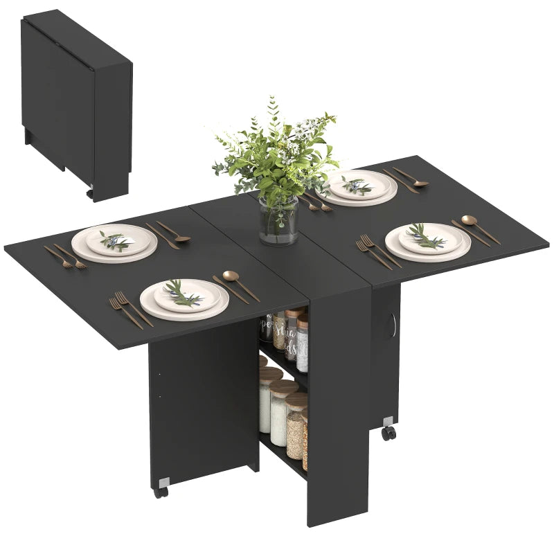 Foldable Extendable Drop Leaf Dining Table with 2-Tier Shelves & Rolling Casters - Space-Saving Small Dinner Table