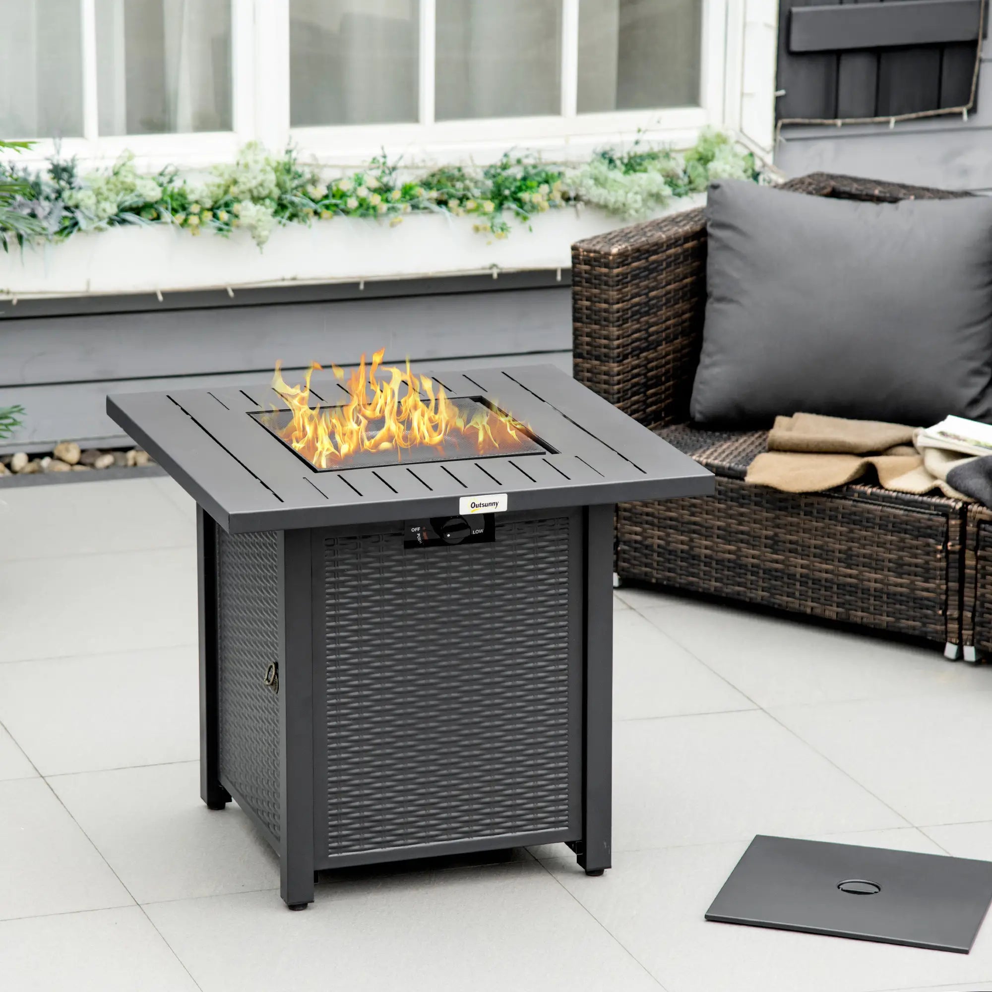 Rattan-style Propane Gas Fire Pit Table with 40,000 BTU Burner, Square Smokeless Firepit Patio Heater with Thermocouple, Lava Rocks, Waterproof Cover, Spark Guard and Lid, Black