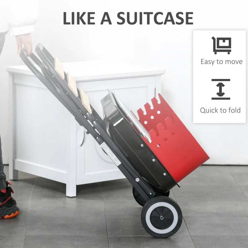 Portable Charcoal BBQ Grill with Windshield and Side Trays, Black/Red