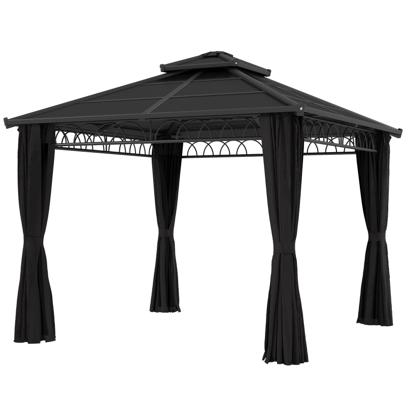 3 x 3 m Dark Grey Outdoor Polycarbonate Gazebo - Double Roof Hard Top with Galvanised Steel Frame, Nettings & Curtains for Garden, Lawn, Patio and Deck