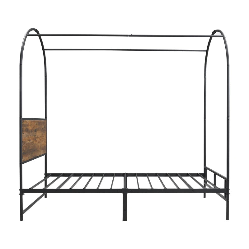 Durable Metal Canopy Bed Frame with Wood Headboard - Easy Self-Installation, Black, 195L x 90.5W x 192H cm