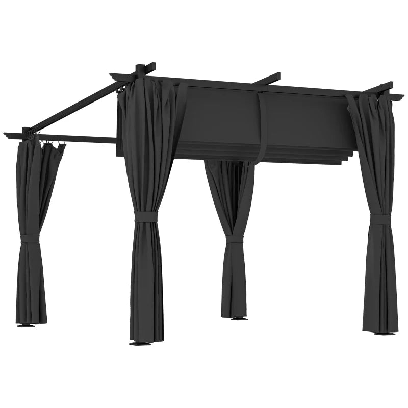 3m x 3m Dark Grey Retractable Roof Pergola with Curtains